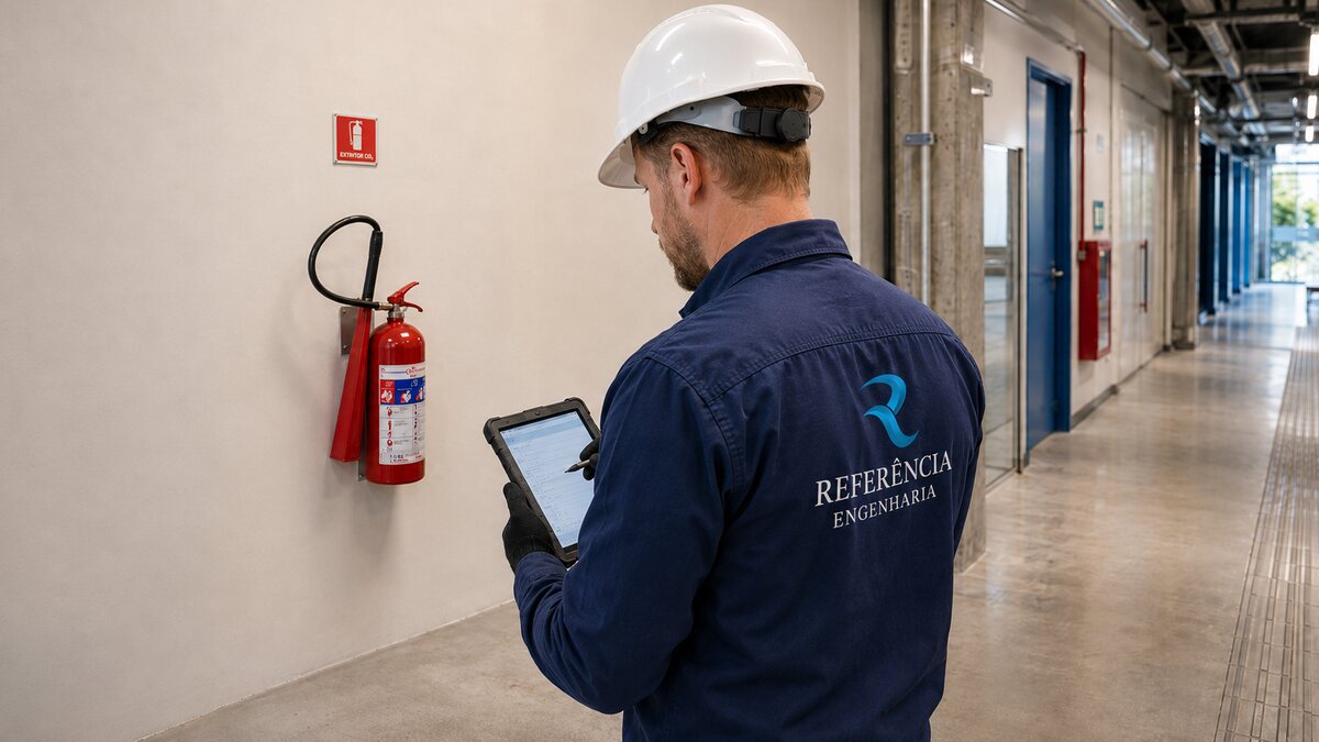 Engenheiro realizando checklist de segurança contra incêndio