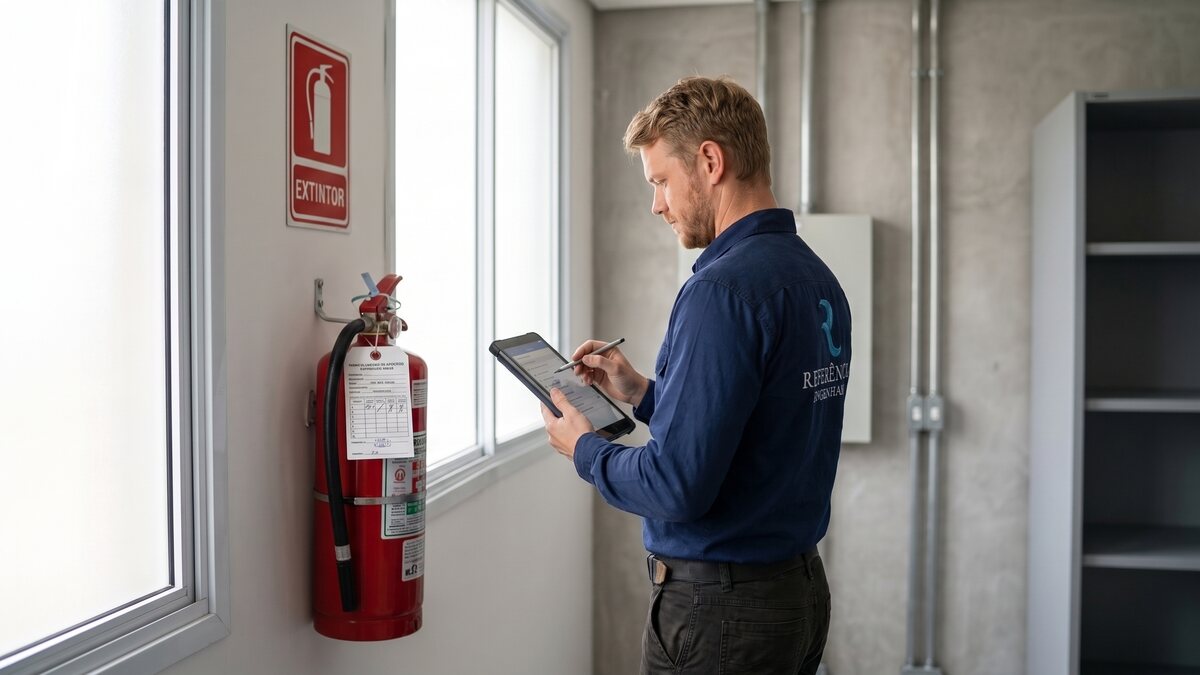 Engenheiro inspecionando extintor com tablet
