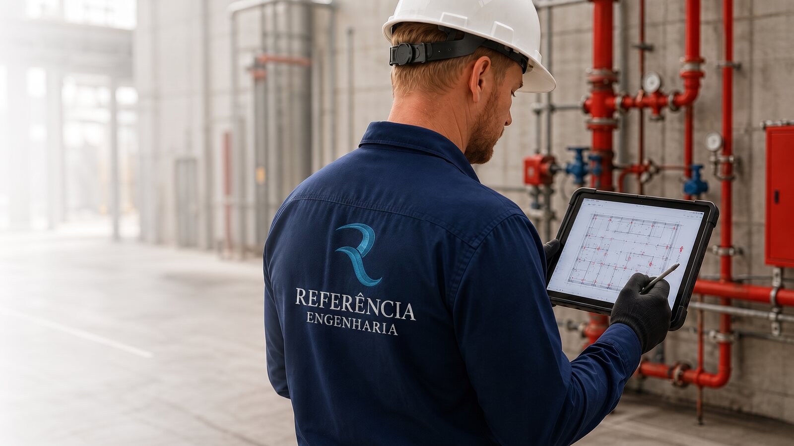 Engenheiro da Referência Engenharia inspecionando sistema de prevenção contra incêndio com tablet